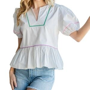 NWT Cotton Bleu Cotton Poplin Bubble Sleeve Top White With Colorful Accent
